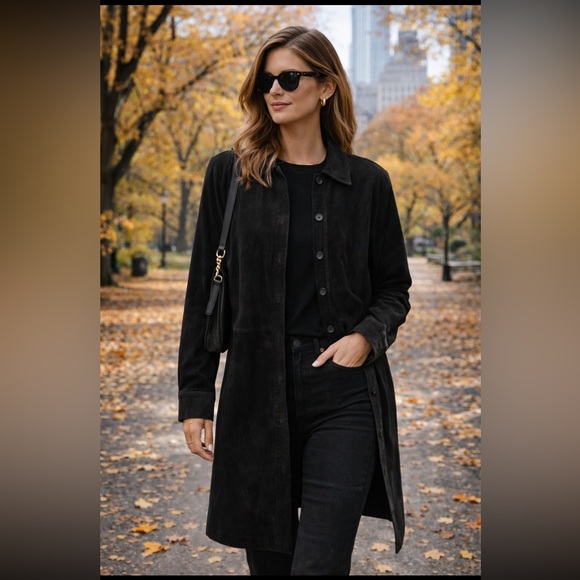 VTG Black Suede Shacket Minimalist Leather Jacket Button Front Soft Suede Coat